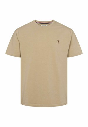Beež puuvillane t-särk ümmarguse kaelusega, lühikeste varrukatega ja väikese broderi tööga logo vasakul rindkerel. Sujuv tekstuur, puhkuslik sobivus.