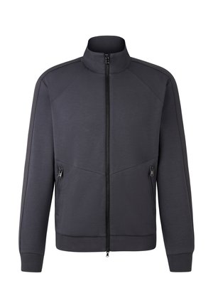 Donkergrijs jack met ritssluiting, hoge kraag, lange mouwen, geribbelde manchetten en zoom, en zijzakken met rits.