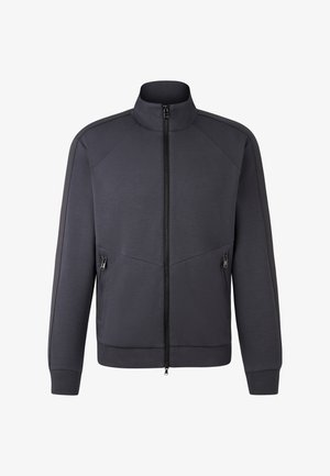 Donkergrijs jack met ritssluiting, hoge kraag, lange mouwen, geribbelde manchetten en zoom, en zijzakken met rits.