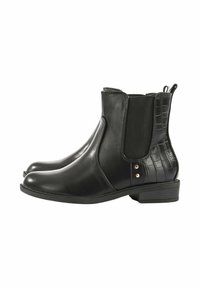 Stivali neri alla caviglia in pelle liscia con pannelli laterali elasticizzati, dettagli in pelle effetto coccodrillo e borchie decorative in metallo.