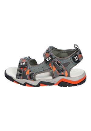 Szare i pomarańczowe dziecięce sportowe sandały z otwartymi palcami, regulowanymi paskami na rzepy i wytrzymałą gumową podeszwą do użytku na zewnątrz.