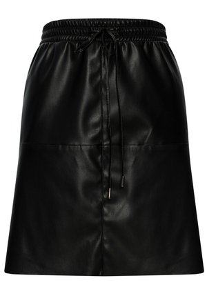 Jupe en cuir noir avec une taille élastique froncée et un cordon de serrage. Présente une texture lisse et un design simple, sans embellissements.