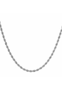 Srebrny naszyjnik łańcuszkowy o skręconym wzorze, charakteryzujący się gładką teksturą i jednolitym, polerowanym wykończeniem na całej długości.