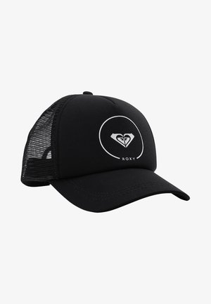 Black mesh-back cap with a rounded visor. Features a white heart logo and “ROXY” text on the front panel. Durable fabric with a structured design.