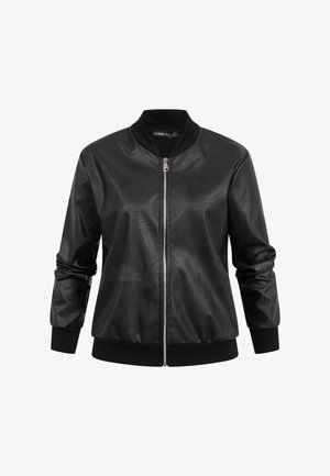 Svart bomberjakke i kunstskinn med frontglidelås, ribbestrikkede mansjetter, krage og kant, med lett synlige naturlige folder.