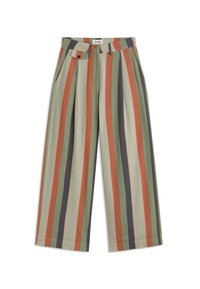 Pantaloni a gamba larga con righe verticali in ruggine, verde oliva, beige e grigio scuro, dotati di tasche laterali e patta in vita con bottone.