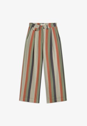 Wide-leg trousers with vertical stripes in rust, olive green, beige, and dark gray, featuring side pockets and a buttoned waist tab.