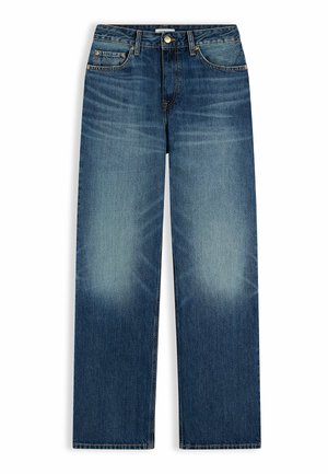 Blauwe jeans met rechte pijpen en vervaagde plekken op de dijen, klassiek ontwerp met vijf zakken en knoopsluiting in de taille.