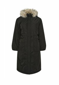 Musta parka-takki, jossa on karvasaumalla varustettu huppu, kaksi etutaskua ja vetoketjukiinnitys. Ominaisuuksiin kuuluu polven pituinen malli ja sileä, teksturoitu kangas.