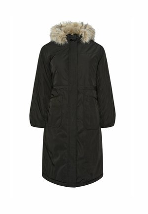 Parka nera con cappuccio bordato in pelliccia, due tasche frontali e zip. Presenta un design alla lunghezza del ginocchio e un tessuto liscio e strutturato.