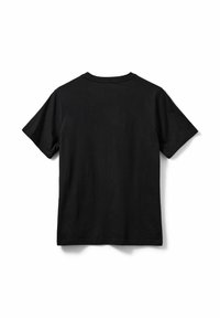 Črna kratka majica s kratkimi rokavi iz bombaža. Preprost dizajn s krožnim izrezom in gladko teksturo. Brez vidnih logotipov ali vzorcev.