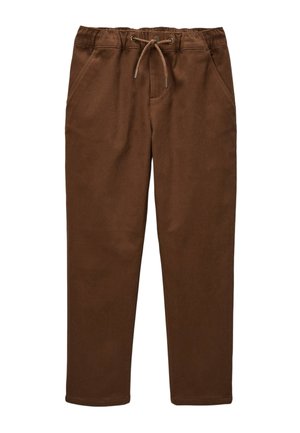 Pantalon décontracté marron avec taille élastique et cordon de serrage, doté de poches latérales et d'une coupe droite.