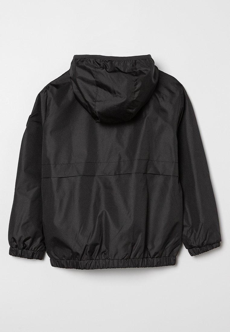 Veste à capuche noire avec des poignets et un ourlet élastiques, présentée de dos sur un fond clair uni.