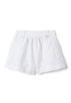 Witte katoenen shorts met elastische tailleband, zijzakken en decoratieve knopen op de voorste lussen van de riem.