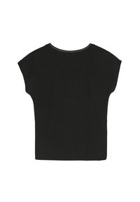 Czarny bawełniany t-shirt z krótkimi rękawami dolman, zaokrąglonym dekoltem i gładką fakturą, charakteryzujący się prostym, nieskomplikowanym wzorem.