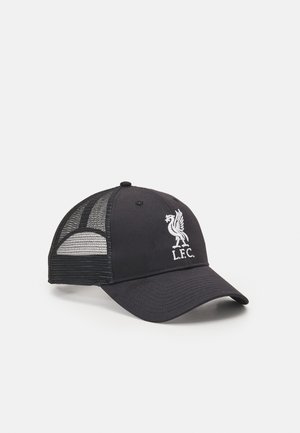 Black cap with a curved brim, mesh side panels, and a white embroidered L.F.C. logo featuring a bird design.