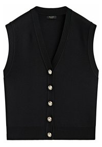 Mustat hihattomat liivit, joissa on V-pääntie, resorireunus ja kuusi metallista nappia edessä. Pehmeä neulekangas.