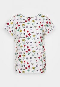 T-shirt blanc à manches courtes arborant un motif floral vibrant en rouge, jaune, violet et vert. Fabriqué en coton doux.
