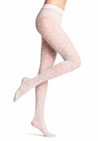 Collant trasparenti di un delicato rosa pallido con un motivo a pois bianchi. Presentano una ampia vita a scallop per il massimo comfort. Texture morbida e design flessibile.