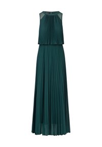 Robe longue plissée en bleu sarcelle avec un design sans manches, un col rond et un corsage superposé. Le tissu est lisse avec une texture fluide.