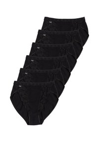 Slip in cotone nero con dettagli in pizzo, caratterizzati da un motivo floreale sui lati e un morbido elastico in vita. Set di sei paia disposti verticalmente.