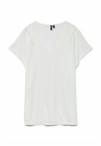 White short-sleeve t-shirt with a deep V-neck. Features intricate lace detailing on shoulders. Soft fabric, relaxed fit, basic design.