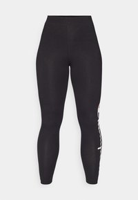 Mustat legginsit, joissa on korkea vyötärö, valmistettu joustavasta kankaasta. Tuotteen sivuilla on valkoinen logotunnus. Sileä pinta ja muotoiltu malli.