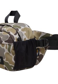 Borsa a vita camouflage marrone e verde realizzata in resistente tessuto Cordura; presenta una chiusura lampo, una tasca in rete e una tracolla regolabile.