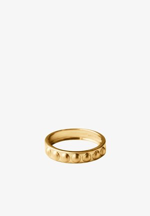 Anillo de oro con puntos circulares elevados y espaciados uniformemente alrededor de la banda exterior sobre un fondo blanco.