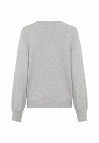 Grau gestrickter Pullover mit Rundhalsausschnitt, langen Ballonärmeln und geripptem Saum. Der Stoff hat eine dezente Textur und ein leichtes Tragegefühl.