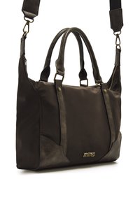 Sac à main en nylon marron avec des accents en cuir synthétique, double poignée supérieure, bandoulière réglable, détail logo en or et compartiment zippé.