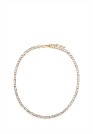 Gold chain necklace with clear round gemstones evenly spaced, featuring a lobster clasp and adjustable extension chain on white background.
