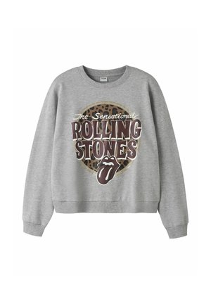 Sweat-shirt gris clair à manches longues avec un cercle imprimé léopard marron et le texte "The Sensational Rolling Stones" avec logo langue.