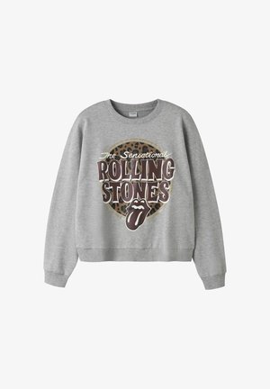 Lysegrå sweatshirt med lange ærmer med en brun leopardprint cirkel og "The Sensational Rolling Stones" tekst med tunge-logo.