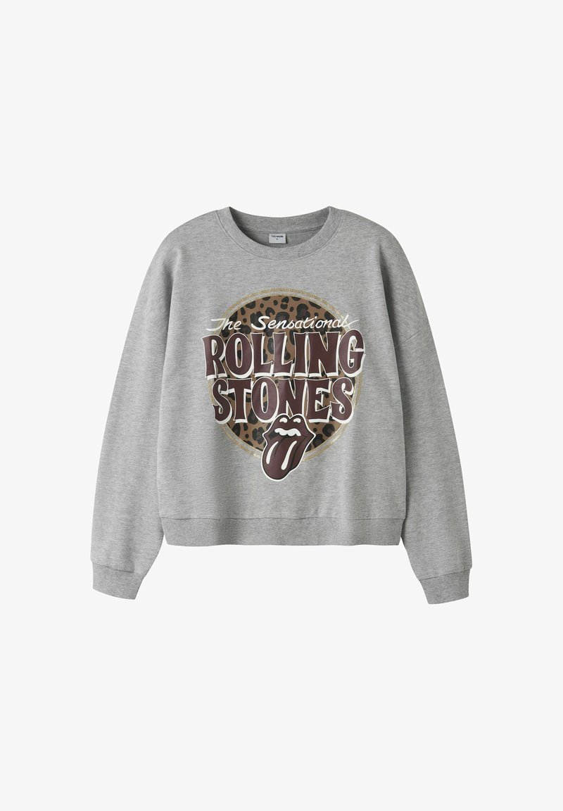 Sweat-shirt gris clair à manches longues avec un cercle imprimé léopard marron et le texte "The Sensational Rolling Stones" avec logo langue.