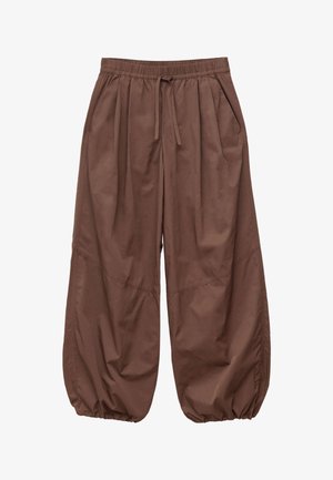 Pantalon marron à jambes larges avec taille élastique, cordon de serrage, poches latérales et poignets élastiques froncés aux chevilles.
