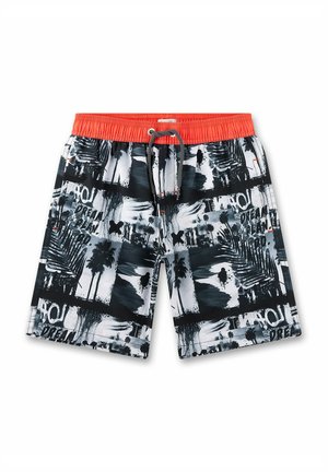 Pantaloni da nuoto con un motivo astratto in bianco e nero e un elastico arancione in vita con coulisse. Realizzati in tessuto leggero, design alla lunghezza del ginocchio.