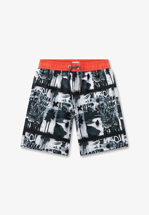 Shorts de bain présentant un motif abstrait noir et blanc avec une ceinture et un cordon de serrage orange. Fabriqués en tissu léger, de conception mi-mollet.