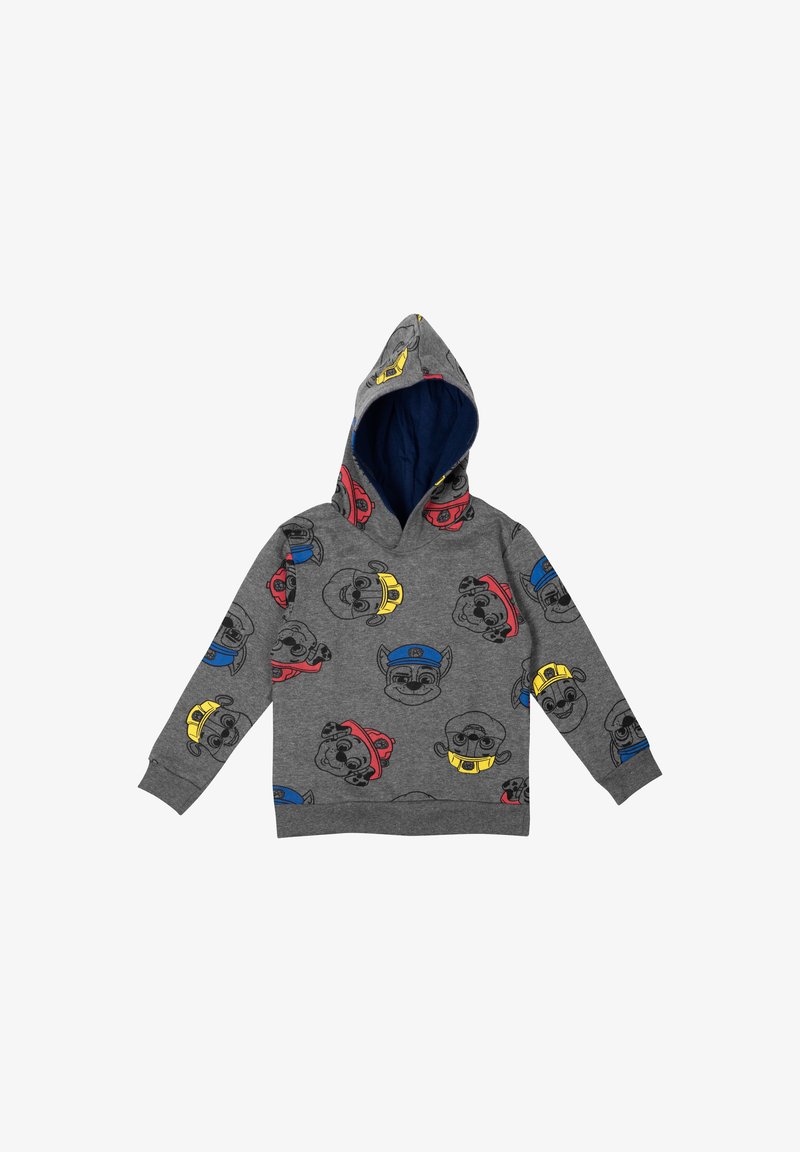 Felpa grigia con cappuccio foderato di blu, decorata con un motivo di facce di cani di cartone animate che indossano cappelli rossi, gialli e blu. Tessuto morbido, design a pullover.