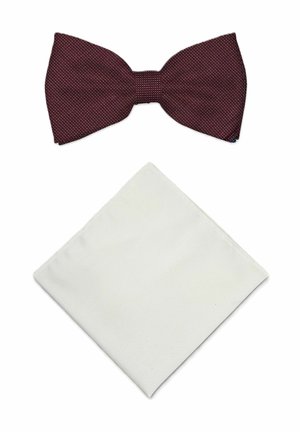 Burgundy textured bow tie above a neatly folded white pocket square on a white background.