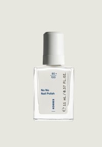 Botella rectangular transparente de esmalte de uñas, con una tapa blanca de rosca. La etiqueta presenta texto azul: "No No Nail Polish" y detalles del producto. Volumen de 11 ml.