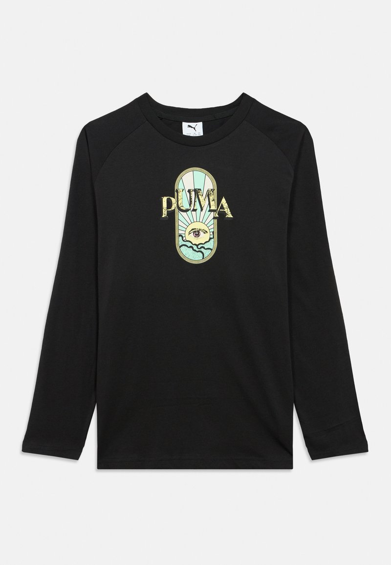 Fekete hosszú ujjú póló, arany és türkiz grafikai elemekkel, melyek a "PUMA" szót és egy napsugár mintát ábrázolnak, középen egy szem motívummal.