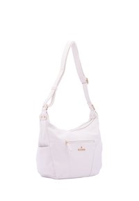 Borsa a spalla in pelle bianca con finitura testurizzata, accessori in tono oro, una tasca frontale con zip e tracolla regolabile.