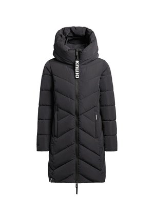 Giubbotto imbottito nero con design a zigzag, colletto alto con cappuccio, chiusura frontale con zip e tasche laterali. Tessuto resistente.