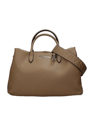 Borsa a mano in pelle martellata color cuoio con due manici e tracolla removibile con il nome del marchio Ermanno Firenze impresso.