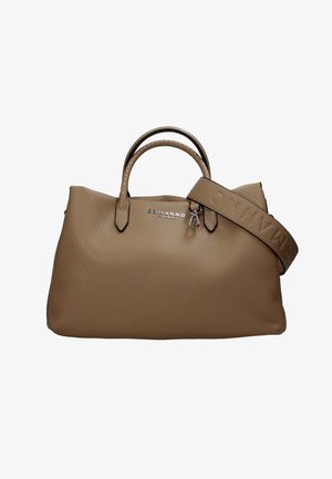 Borsa a mano in pelle martellata color cuoio con due manici e tracolla removibile con il nome del marchio Ermanno Firenze impresso.