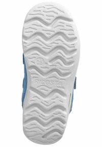 Dětská podešev boty, texturovaná bílá guma s vlnitým vzorem. Modrý svršek z semiše s zelenými akcenty. Velikost uvedena jako 25.