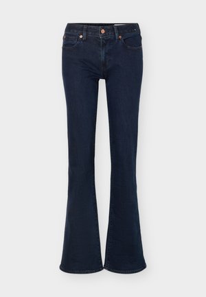 Dunkelblaue Denim-Jeans mit hoher Taille, Knopf- und Reißverschluss, Vordertaschen und ausgestellten Beinen.