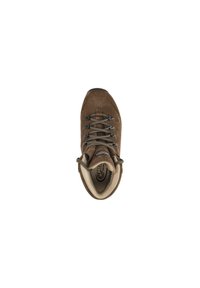 Brauner Wanderstiefel aus Leder mit runder Spitze, grauen Schnürsenkeln, gepolstertem Schaft und beigem Innenfutter. Verfügt über Metallösen und strukturierte Seiten.