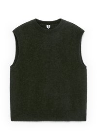 Dunkelgrüner ärmelloser Strickpullover mit Rundhalsausschnitt und gerippten Kanten, flach auf einem weißen Hintergrund ausgelegt.